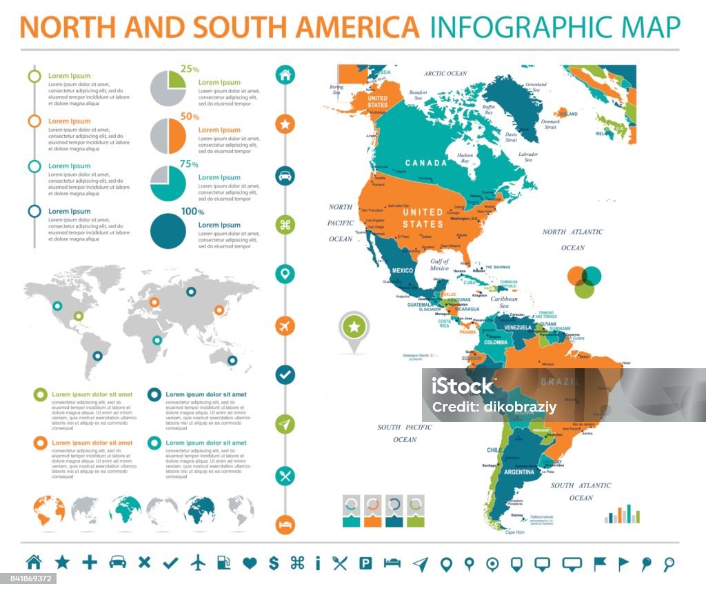 North and South America Map - Info Graphic Vector Illustration North and South America Map - Detailed Info Graphic Vector Illustration Map stock vector