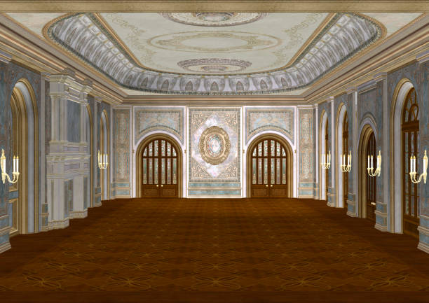 3D Rendering Fairy Tale Ballroom 3D digital render of a beautiful retro ballroom in a palace ballroom stock pictures, royalty-free photos & images