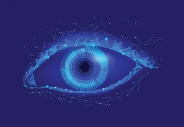Vector illustration of Human android cyborg eye futuristic control protection personal internet security access.Concept robot dna system, future scientific technology innovation science. Blue polygonal vector