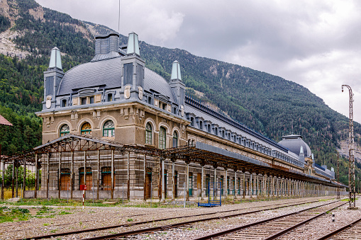 Canfranc, Spain - August 30, 2017: Abandoned railway station of Canfranc Huesca Spain