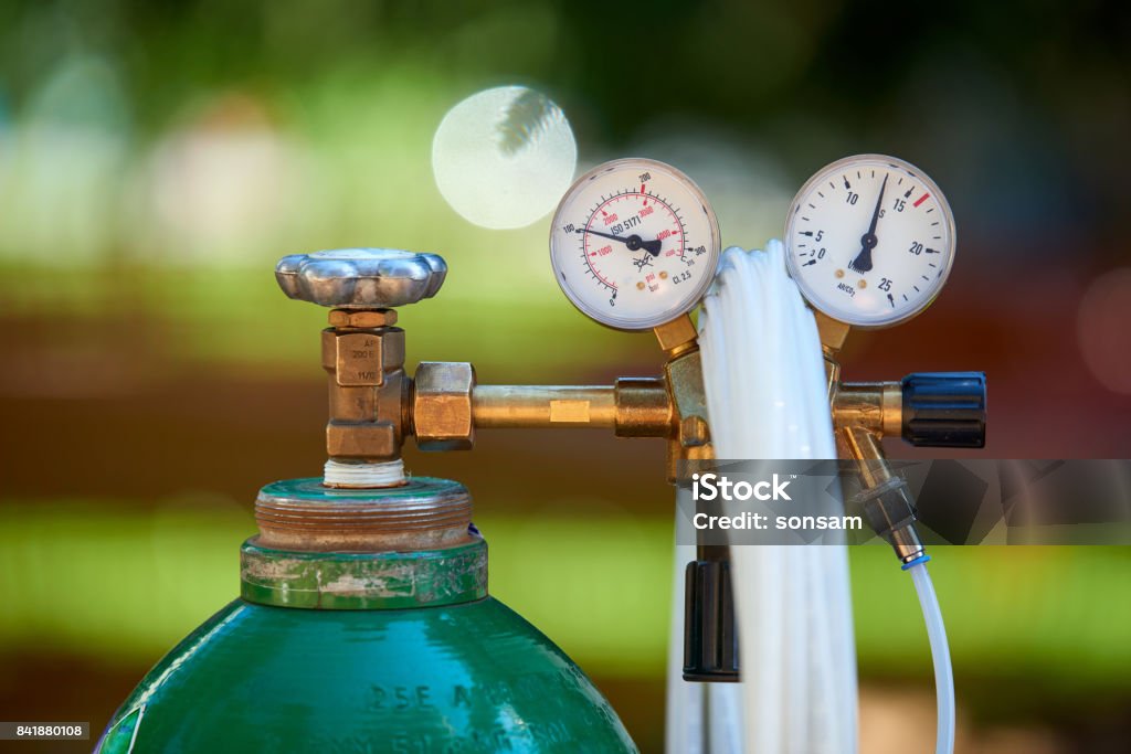 Acetylene bottle Welding gas cylinder pressure gauge close up Welding Stock Photo