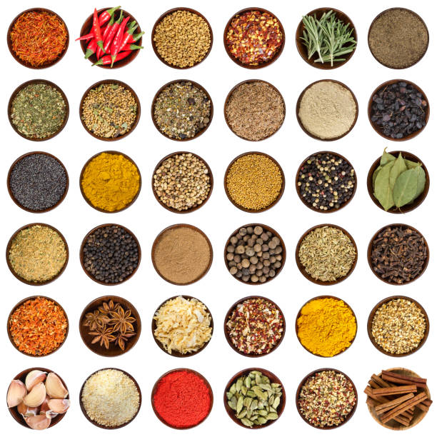 set of different spices in wooden bowl. top view. - ingredient fennel food dry imagens e fotografias de stock