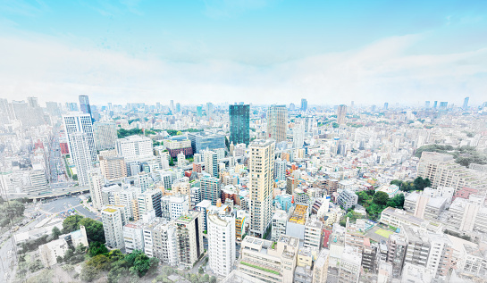 panoramic modern cityscape in Tokyo, Japan. Mix hand drawn sketch illustration