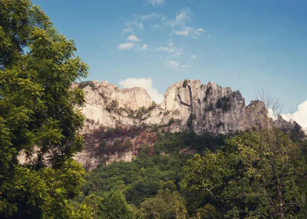 A view of Seneca Rocks in West Virginia, a popular spot for hiking and climbing.
