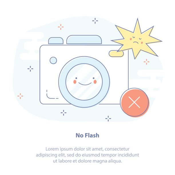 Flat line icon concept of No Photo or photography not allowed, forbidden or prohibited Cartoon Styled vector Icon. Could be also used as no flash or no camera sign Cute vector illustration of Photo Camera with emoji. no photographs sign illustrations stock illustrations