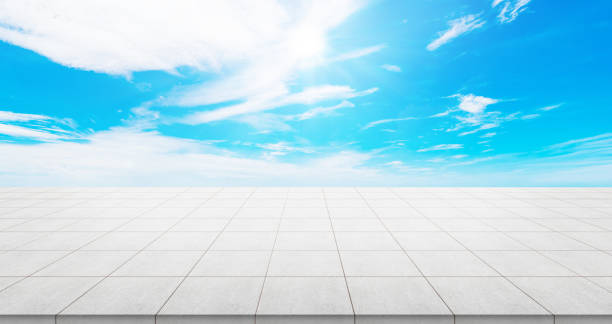 istock Empty concrete floor top with panoramic view under sunrise and morning blue bright sky for display or montage product 841883994