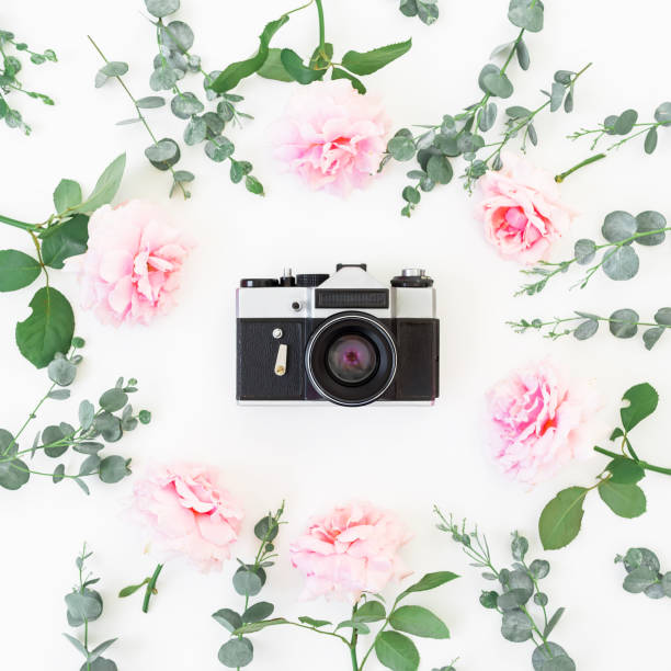 istock Old retro camera and floral frame of roses with eucalyptus branches on white background. Flat lay, top view 841884026