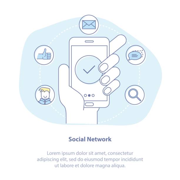 концепция иллюстрации в социальных сетях. мобильный телефон в руках - экспозиция социальной сети и управление репутацией, получение коммен - electronic organizer personal data assistant sign cartoon stock illustrations