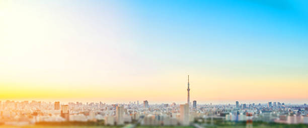ドラマチックな夕焼けと東京都の美しい曇り空の下での東京スカイツリー。ミニチュア チルトシフト効果 - 街並み ストックフォトと画像