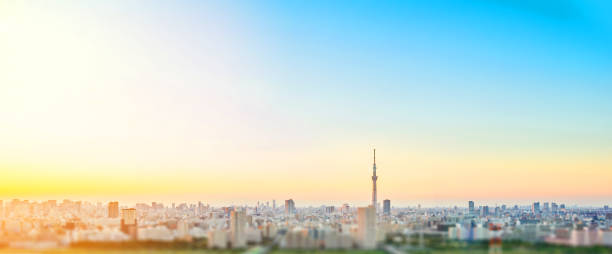 tokyo skytree under dramatic sunset glow and beautiful cloudy sky in Tokyo, Japan. Miniature Tilt-shift effect
