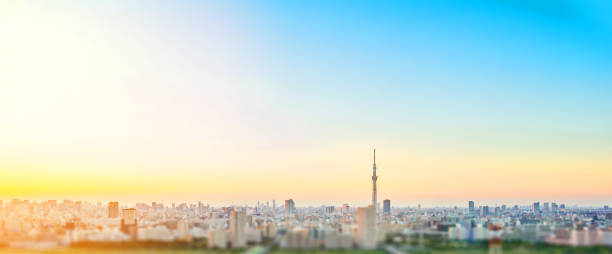 tokyo skytree pod dramatycznym blaskiem zachodu słońca i pięknym pochmurnym niebem w tokio w japonii. miniaturowy efekt tilt-shift - sky tree zdjęcia i obrazy z banku zdjęć