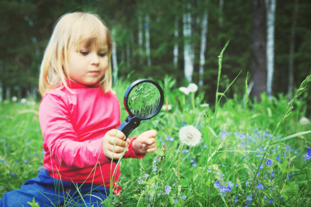 istock Little girl examining flowers using magnifying glass 841905354