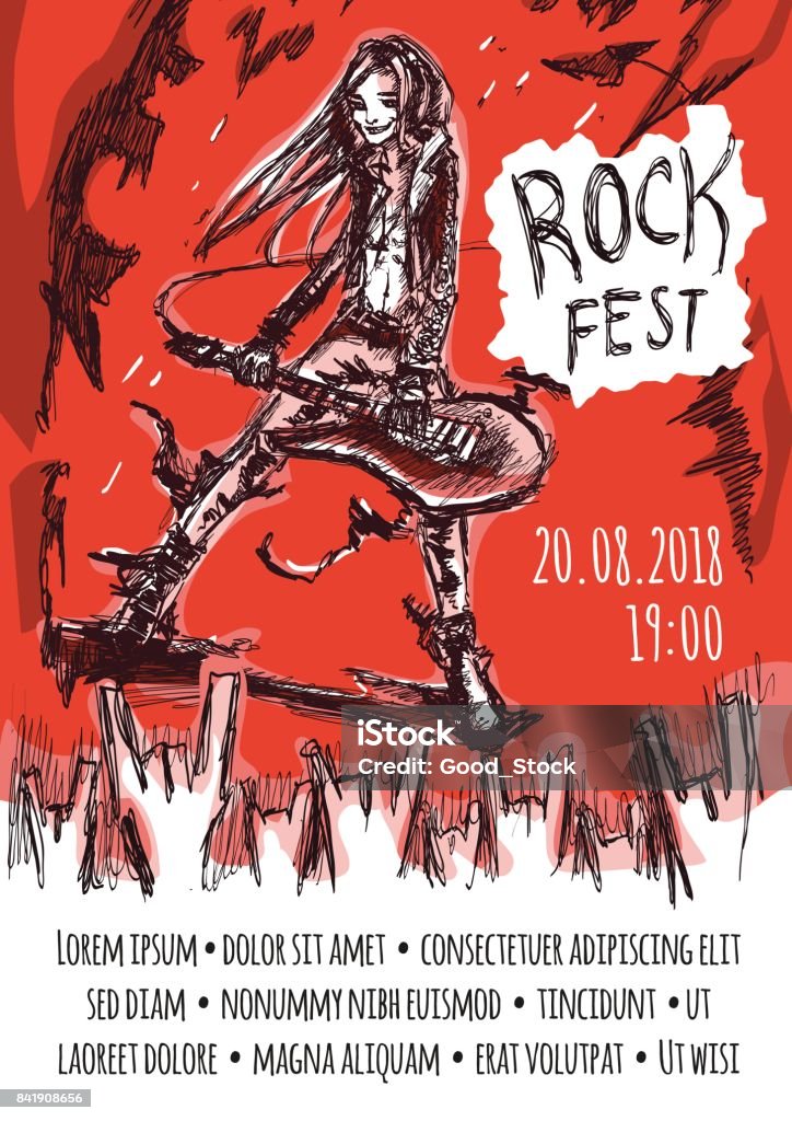 The poster for the rock festival of heavy music . A man with long hair playing the guitar. A crowd of fans showing devil horns gesture. Vector illustration. The poster for the rock festival of heavy metal music . A man with long hair playing the guitar. A crowd of fans showing devil horns gesture. Vector illustration. Music Festival stock vector