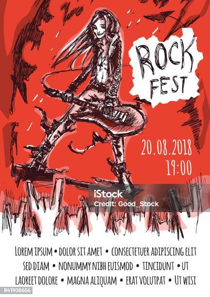 The Poster For The Rock Festival Of Heavy Music A Man With Long Hair Playing The Guitar A Crowd Of Fans Showing Devil Horns Gesture Vector Illustration Stock Illustration - Download Image Now