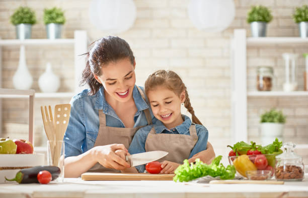 happy family in the kitchen. - breakfast family child healthy eating imagens e fotografias de stock