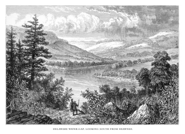 Delaware River Water Gap Looking South from Shawnee, Pennsylvania, United States, American Victorian Engraving, 1872 Very Rare, Beautifully Illustrated Antique Engraving of Delaware River Water Gap Looking South from Shawnee, Pennsylvania, United States, American Victorian Engraving, 1872. Source: Original edition from my own archives. Copyright has expired on this artwork. Digitally restored. paradise pennsylvania stock illustrations