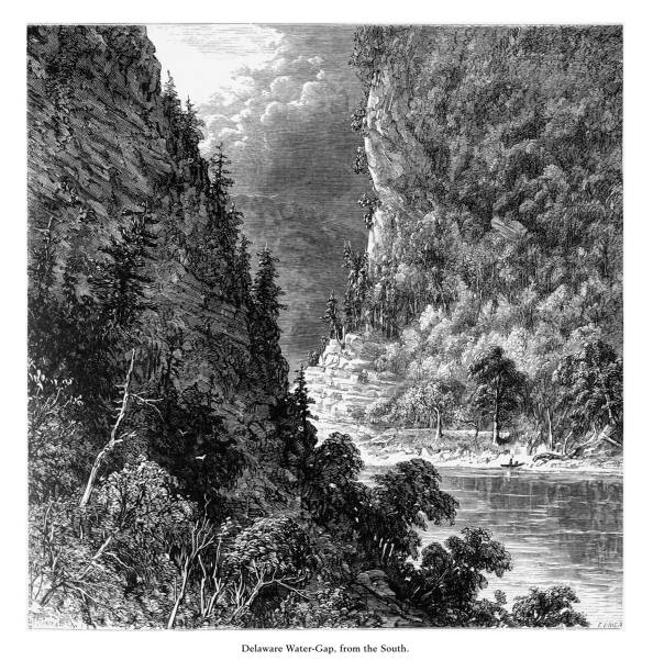 Delaware River Water Gap from the South, Pennsylvania, United States, American Victorian Engraving, 1872 Very Rare, Beautifully Illustrated Antique Engraving of Distant View of the Delaware River Water Gap from the South, Pennsylvania, United States, American Victorian Engraving, 1872. Source: Original edition from my own archives. Copyright has expired on this artwork. Digitally restored. paradise pennsylvania stock illustrations
