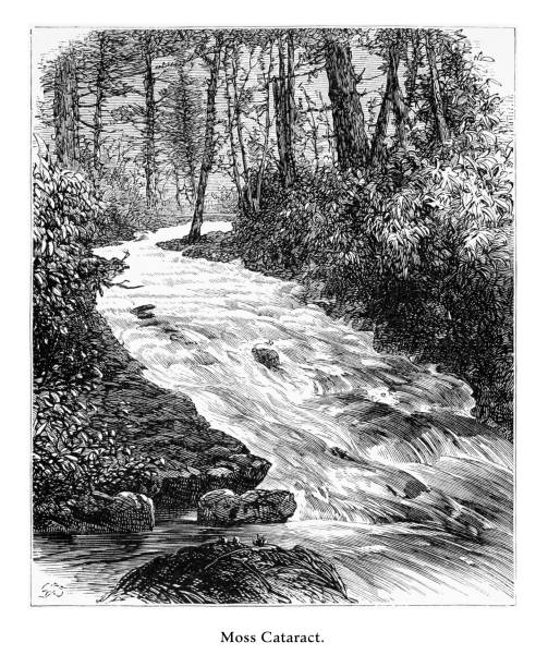 Moss Cataract, Delaware River Water Gap, Pennsylvania, United States, American Victorian Engraving, 1872 Very Rare, Beautifully Illustrated Antique Engraving of Moss Cataract, Delaware River Water Gap, Pennsylvania, United States, American Victorian Engraving, 1872. Source: Original edition from my own archives. Copyright has expired on this artwork. Digitally restored. paradise pennsylvania stock illustrations