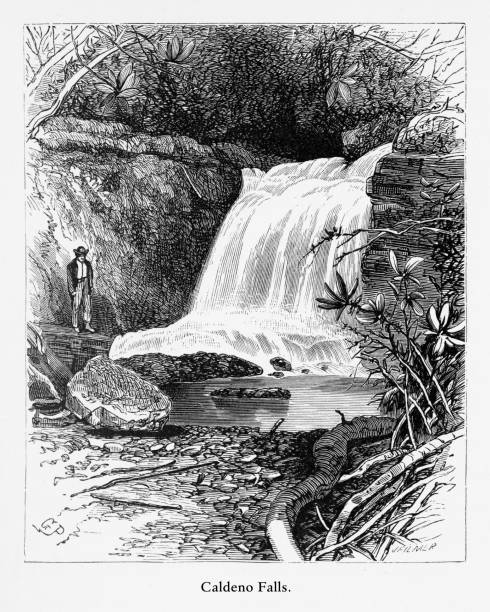 Caldeno Falls, Delaware River Water Gap, Pennsylvania, United States, American Victorian Engraving, 1872 Very Rare, Beautifully Illustrated Antique Engraving of Caldeno Falls, Delaware River Water Gap, Pennsylvania, United States, American Victorian Engraving, 1872. Source: Original edition from my own archives. Copyright has expired on this artwork. Digitally restored. paradise pennsylvania stock illustrations