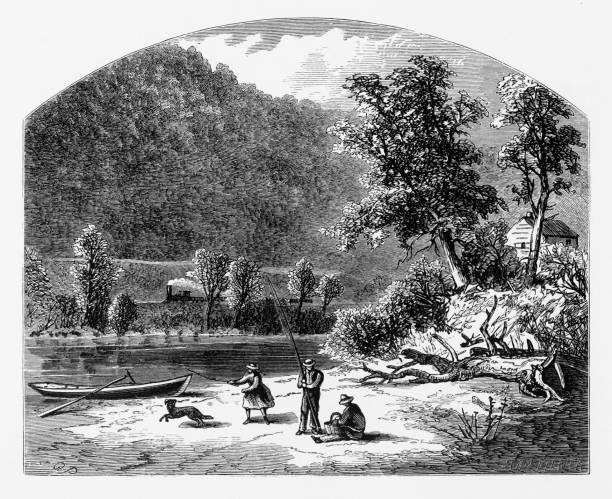 Shore of the Delaware River Water Gap, Pennsylvania, United States, American Victorian Engraving, 1872 Very Rare, Beautifully Illustrated Antique Engraving of Shore of the Delaware River Water Gap, Pennsylvania, United States, American Victorian Engraving, 1872. Source: Original edition from my own archives. Copyright has expired on this artwork. Digitally restored. paradise pennsylvania stock illustrations