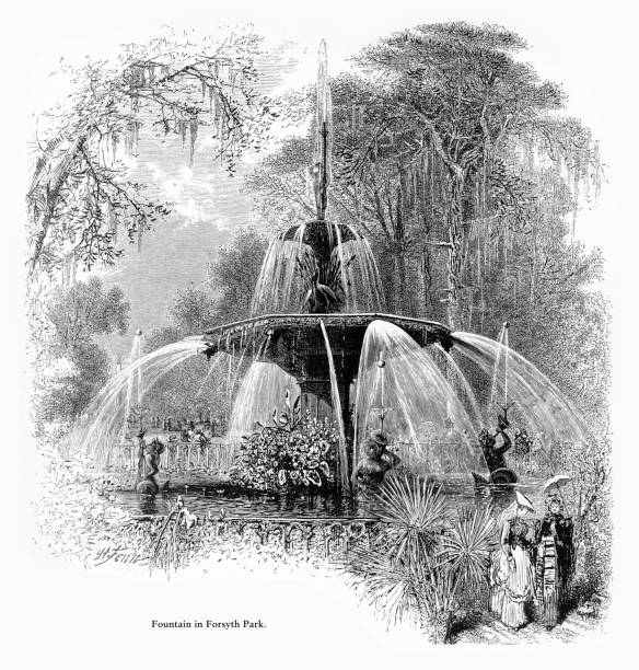 Very Rare, Beautifully Illustrated Antique Engraving of Fountain in Forsyth Park, Savannah, Georgia, United States, American Victorian Engraving, 1872. Source: Original edition from my own archives. Copyright has expired on this artwork. Digitally restored.