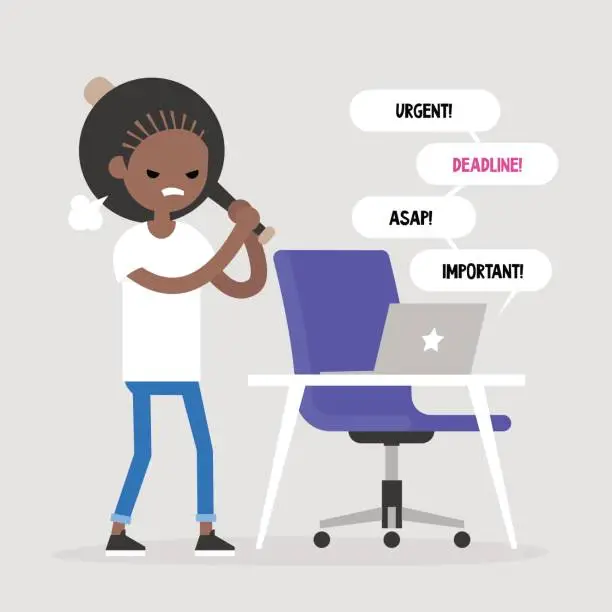 Vector illustration of Mad office worker conceptual illustration. Young black female character hitting a laptop with a baseball bat. Flat editable vector illustration, clip art