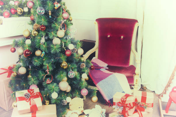 istock Christmas tree, armchair and plaid. 841923988