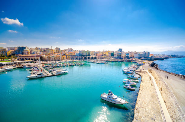 View of Heraklion harbour from the old venetian fort Koule, Crete, Greece View of Heraklion harbour from the old venetian fort Koule, Crete, Greece herakleion photos stock pictures, royalty-free photos & images