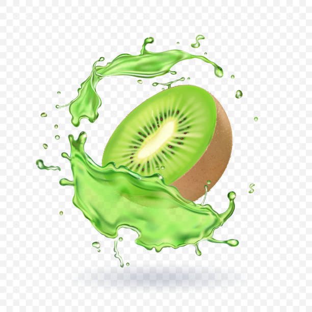 ilustrações, clipart, desenhos animados e ícones de suco de fruta de quivi fresco espirrando ilustração 3d realista - kiwi