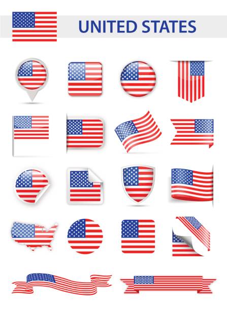 ilustraciones, imágenes clip art, dibujos animados e iconos de stock de conjunto de vector de bandera de estados unidos - mapa de los estados unidos y la bandera estadounidense