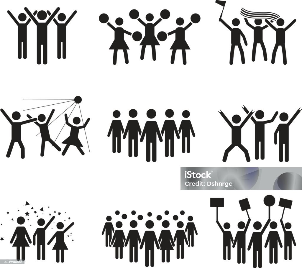 Crowd vector icon set design, illustrations of various groups of people Vector icon set of groups of people in a club, sports match, cheerleaders, protest, strike, celebrations, concert and other Cheerleader stock vector
