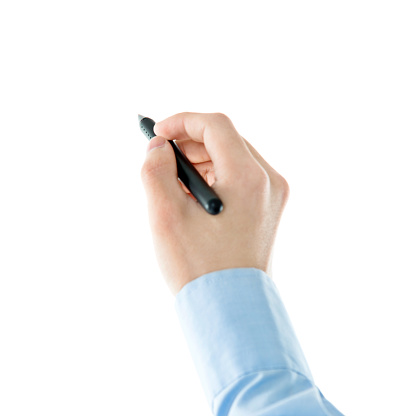 Businessman hand with a pen ready to write on white background.