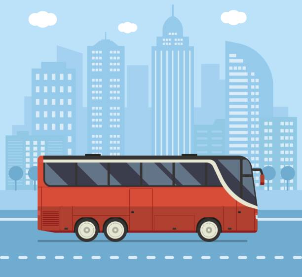 Public City Bus Concept Illustration Public transport illustration with red city bus driving on downtown road. Vector concept background or banner. coach background stock illustrations