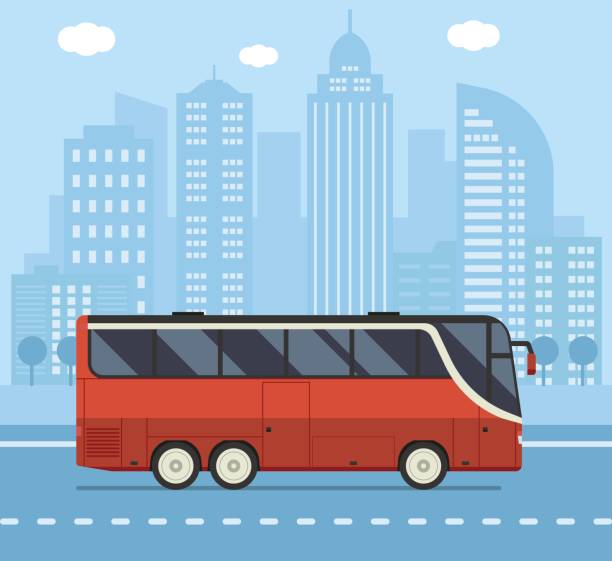 Public City Bus Concept Illustration Public transport illustration with red city bus driving on downtown road. Vector concept background or banner. Bus stock illustrations