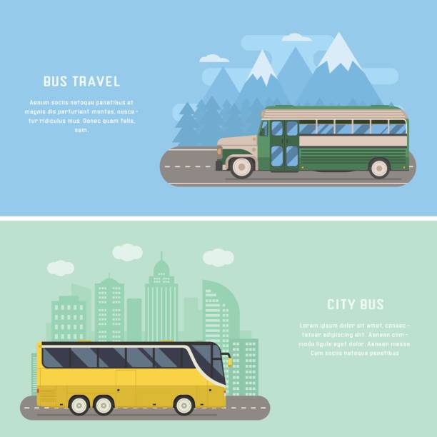 ilustraciones, imágenes clip art, dibujos animados e iconos de stock de viajar por autobús concepto banners - coach bus illustrations