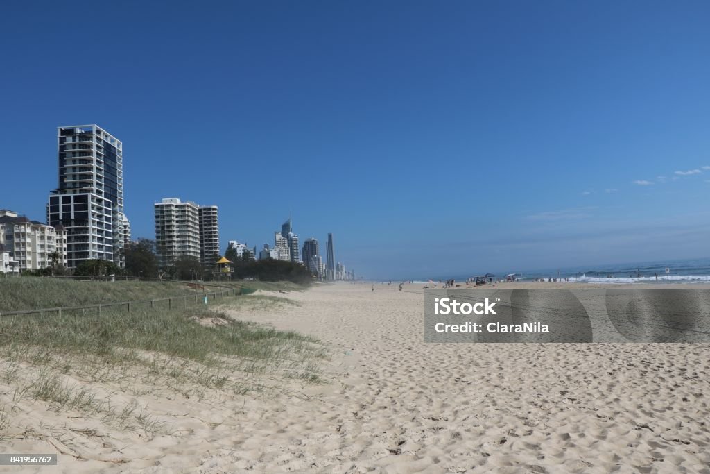 Wide long beach of  Surfers Paradise Gold Coast in Queensland at Pacific Ocean, Australia Amusement Park Stock Photo