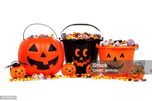 Halloween Jack O Lantern Candy Collectors Isolated On White Stock Photo - Download Image Now