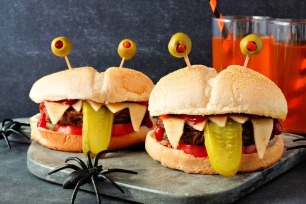 istock Halloween monster hamburgers, close up scene 841994478