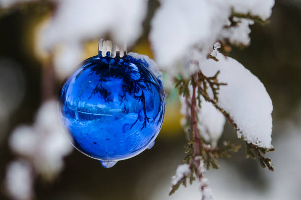 istock Frozen Blue Christmas Ornament Decorating a Snowy Outdoor Tree 842001618