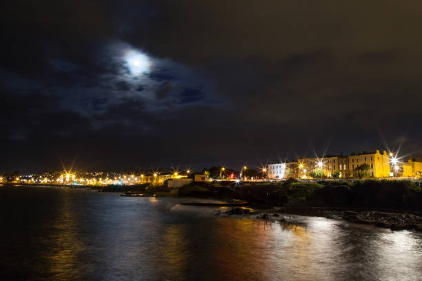 istock Night rocky sea coast and city lights 842004344