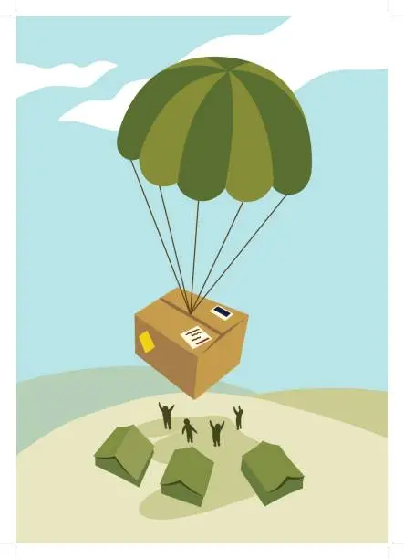 Vector illustration of Vector illustration of a care package air dropped by parachute to deployed soldiers at a military base. Simple contemporary flat vector style.