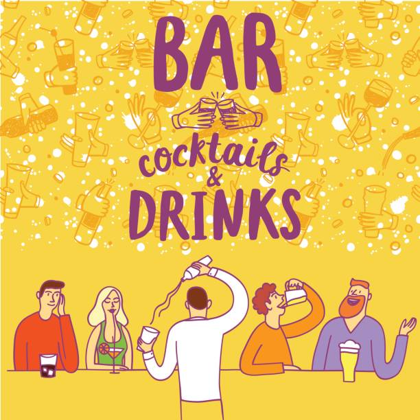 Cartoon people drinking at the bar Cartoon people drinking at the bar. Including cocktails and drinks title. Hand drawn colorful vector cartoon illustration for your design. gripping bars stock illustrations