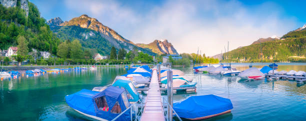istock Long pontoon with moored boats in Switzerland 842015642