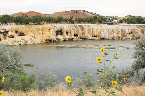 Scenic view of geothermal terraces at the banks of the Bighorn River, Hot Springs State Park, Thermopolis, WY