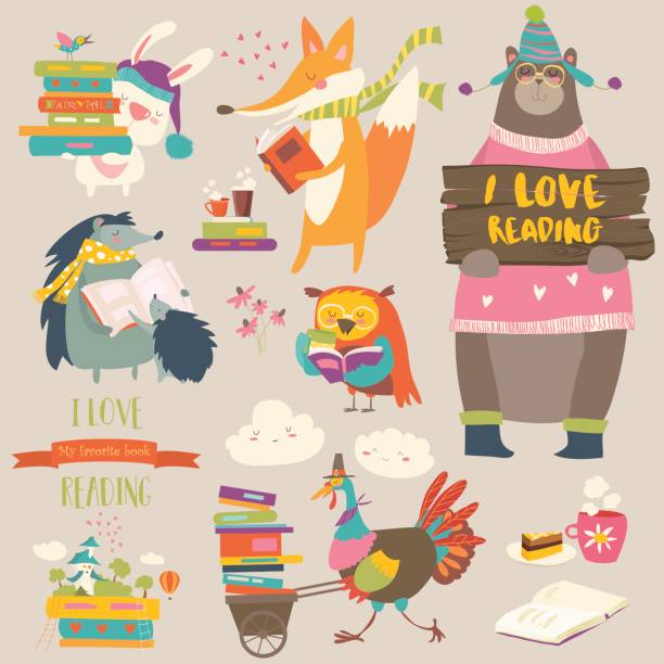 Set of cartoon animals reading books Set of cartoon animals reading books. Vector collection cartoon of bird with glasses stock illustrations