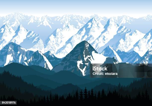Seamless Vector Blue Beautiful Mountains With Forest Panorama Pattern Stock Illustration - Download Image Now