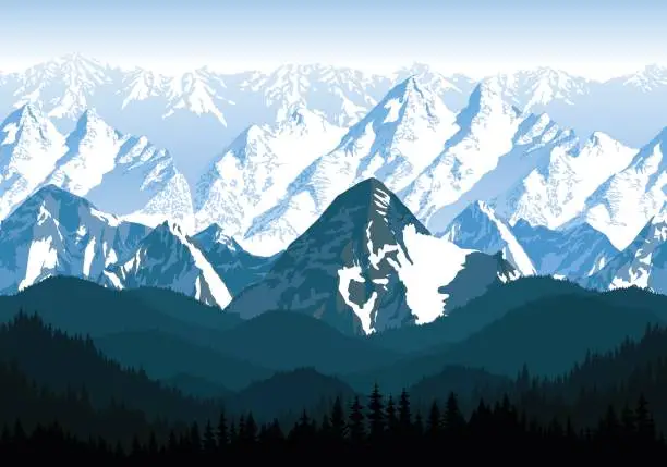 Vector illustration of seamless vector blue beautiful mountains with forest panorama pattern