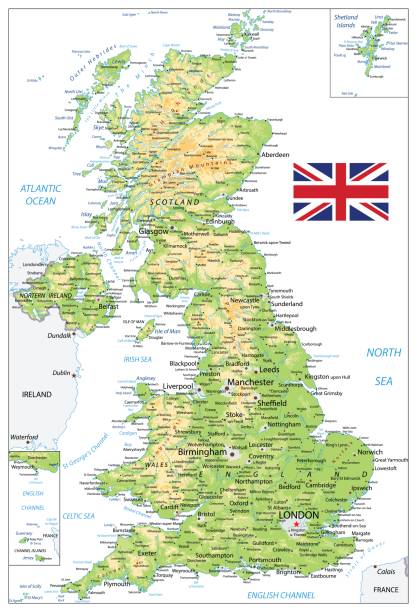 istock United Kingdom Physical Map with city names isolated on white 842019086