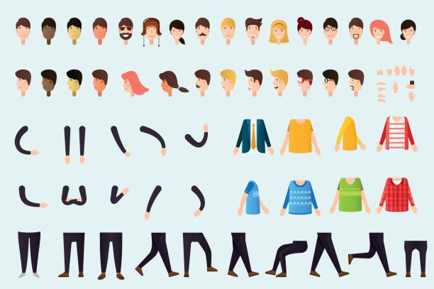 Constructor of people body Set of different body parts, emotions, hands, legs clothes man sitting alone drawing stock illustrations