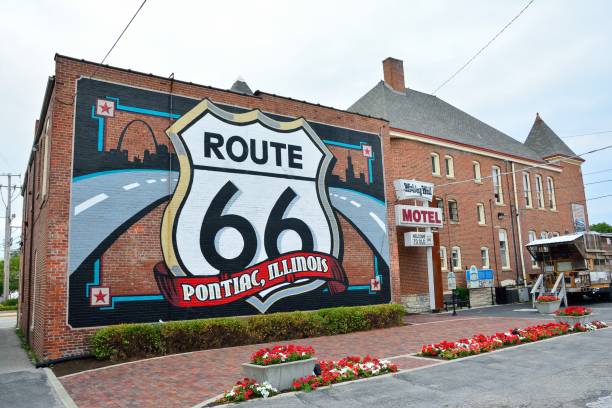 Pontiac in Illinois, Usa - July 16:  Route 66 mural commemorates the city's role on July 16, 2017, in Pontiac, Illinois. Created by Diaz Sign Art.